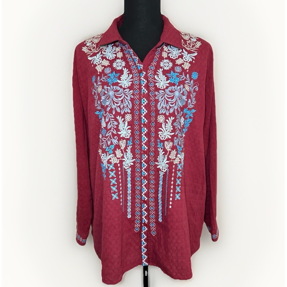 Andree By Unit Women LARGE Embroidered Red Long Sleeve Button Up Shirt Boho